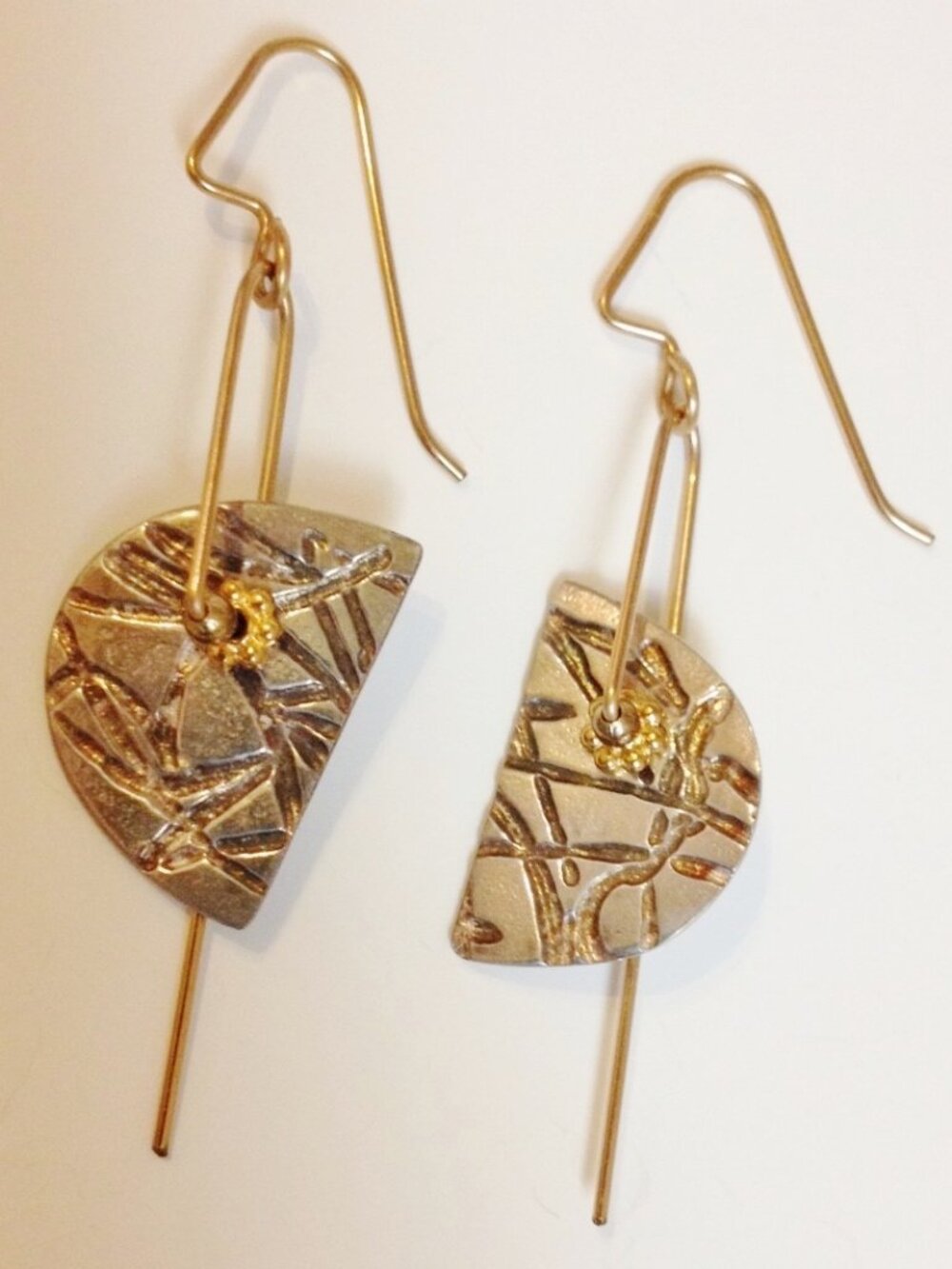 Sterling Silver Gold Wire Earrings Textured Disc Handmade Pierced Dangle